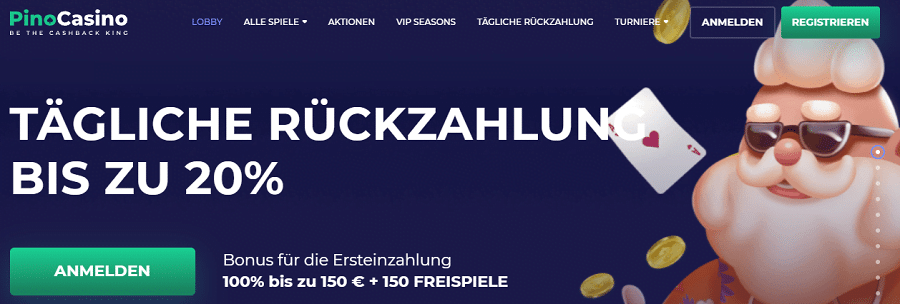 Pinocasino Willkommen Bonus plus Cashback